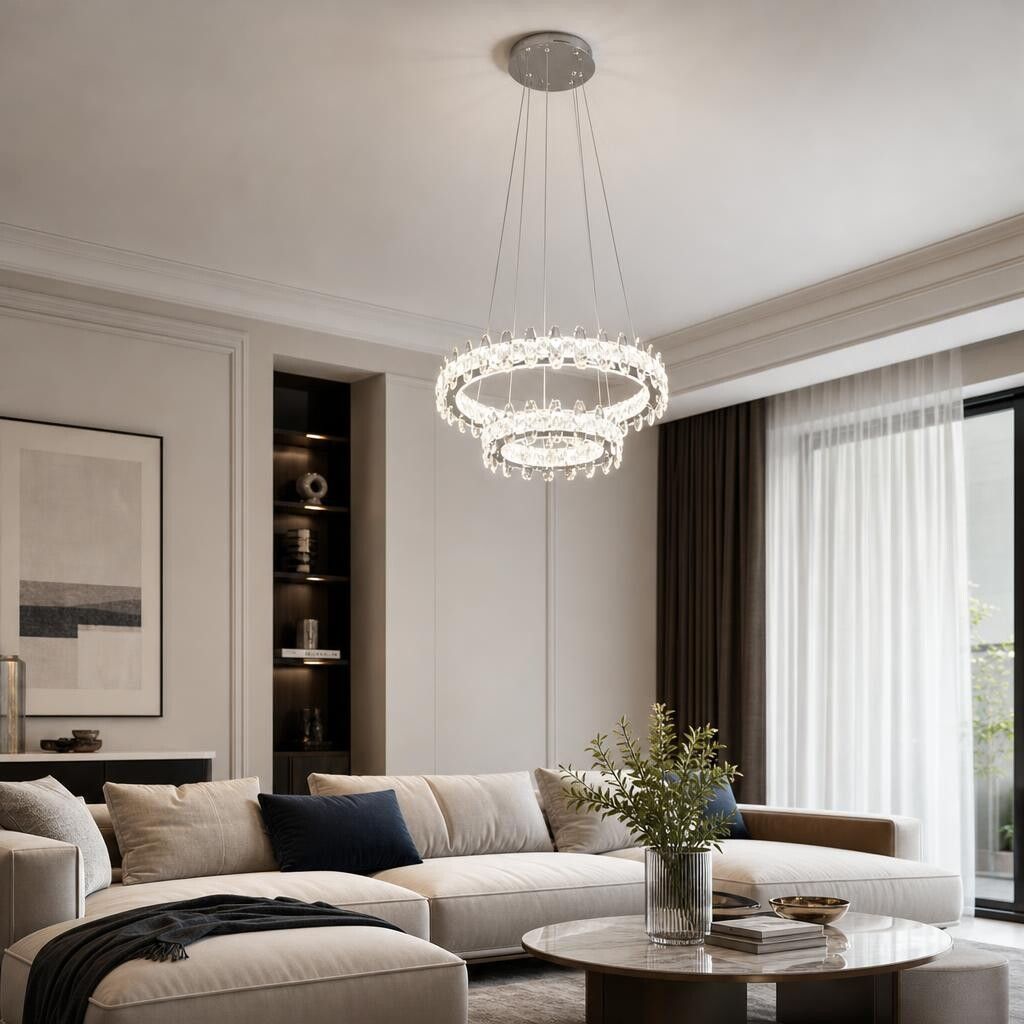 lampadario led a sospensione universo 3 color a81-3c 52w con doppio anello cristallo - dettaglio 3