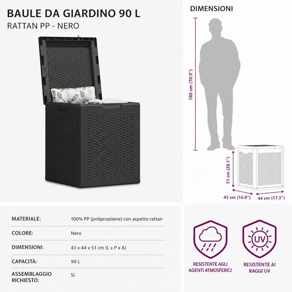 Baule da Giardino 90 L Nero in Rattan PP