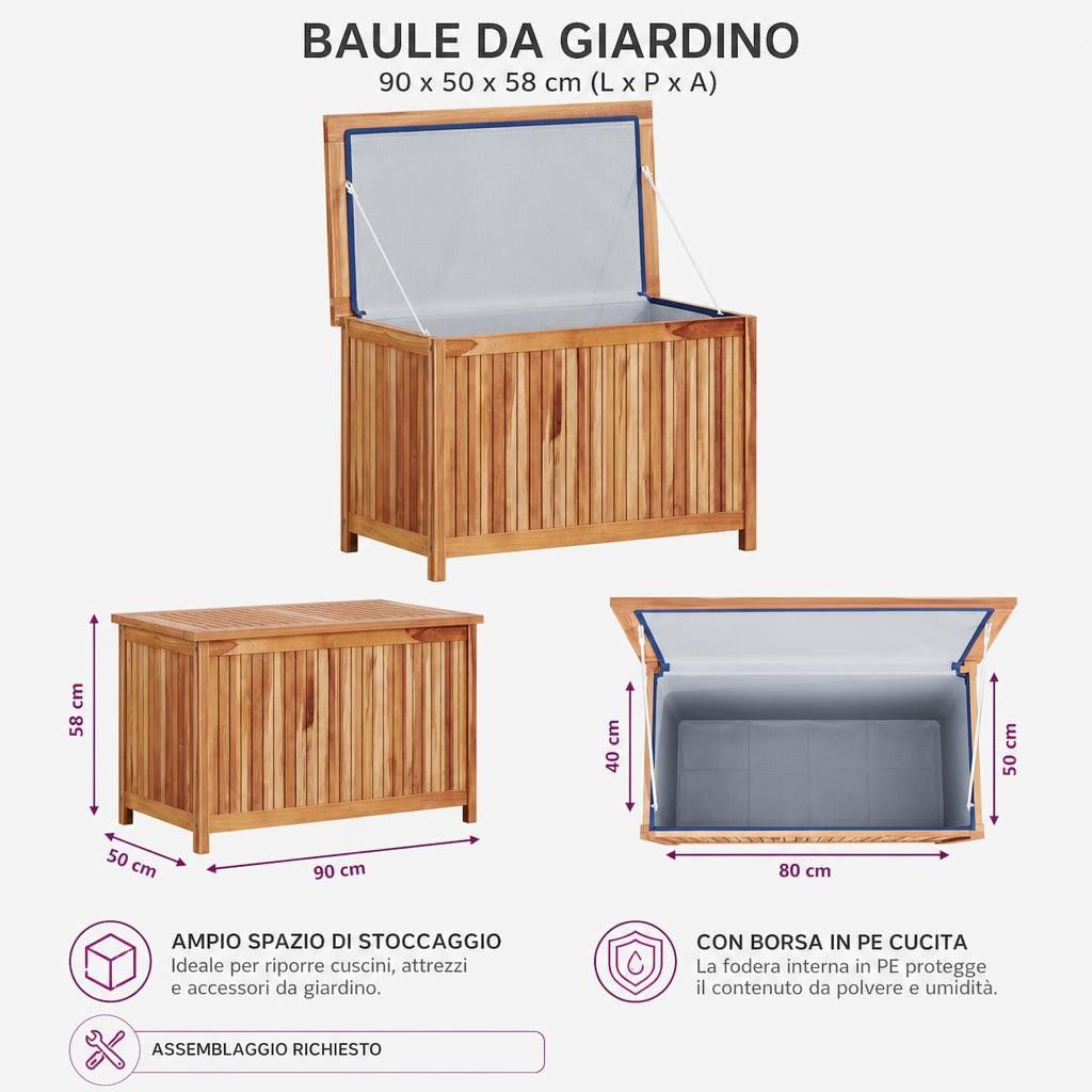 Baule da Giardino 90x50x58 cm in Legno Massello di Teak