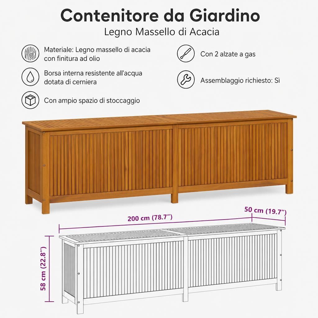 Contenitore da Giardino 200x50x58cm in Legno Massello di Acacia