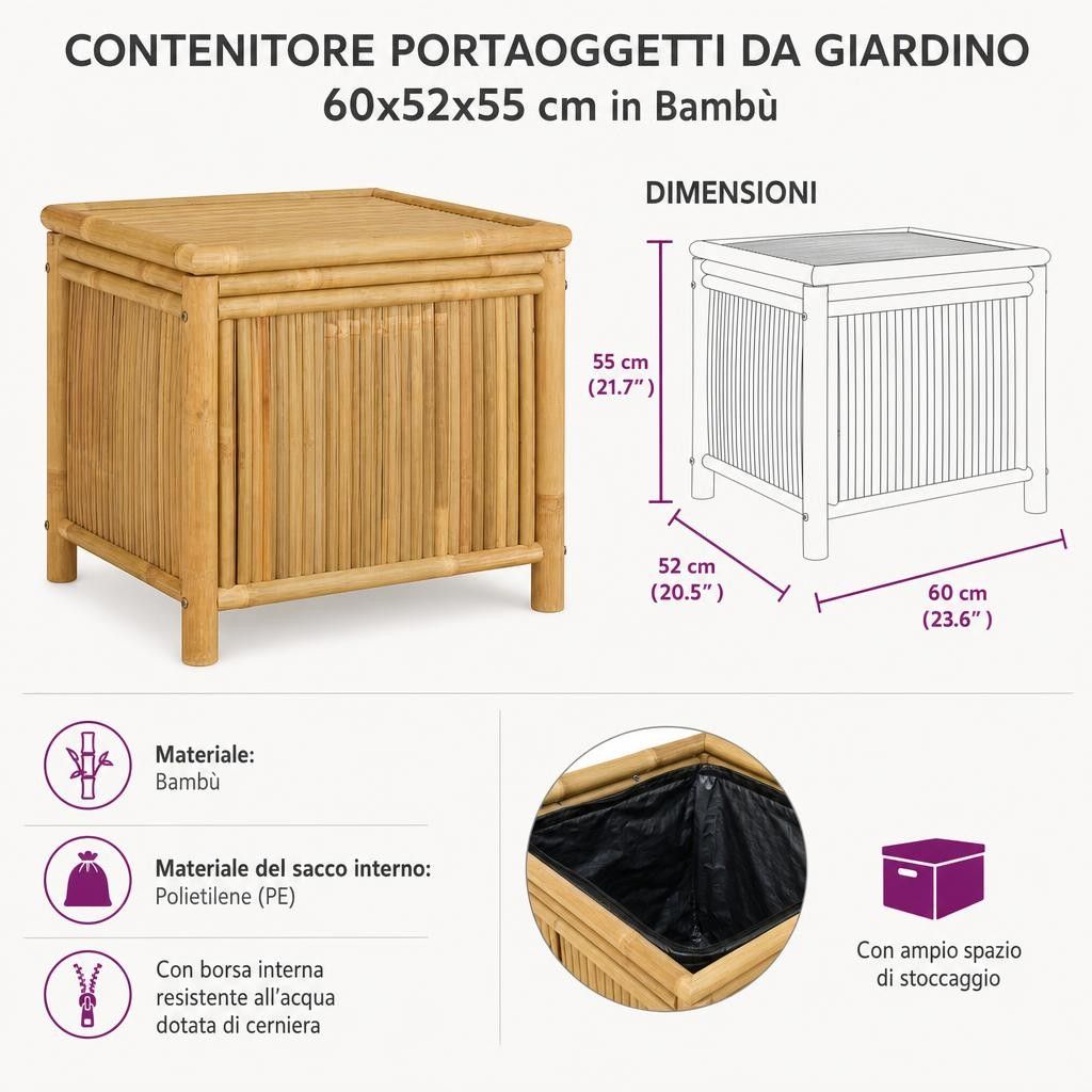 Contenitore Portaoggetti da Giardino 60x52x55 cm in Bambù