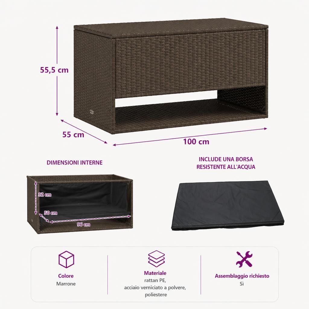 Scatola per Cuscini da Esterno Marrone 100x55x55,5cm Polyrattan