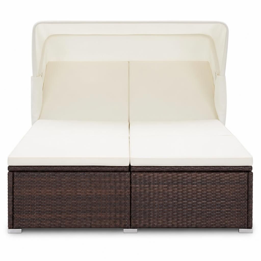 Lettino Prendisole a 2 Posti con Cuscino in Polyrattan Marrone