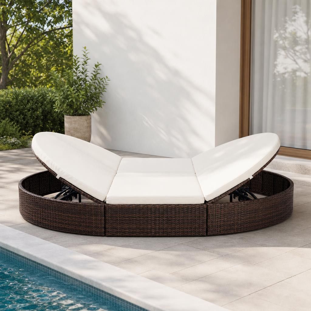 Lettino Prendisole con Cuscino in Polyrattan Marrone
