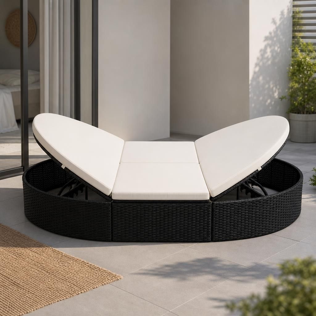 Lettino Prendisole con Cuscino in Polyrattan Nero