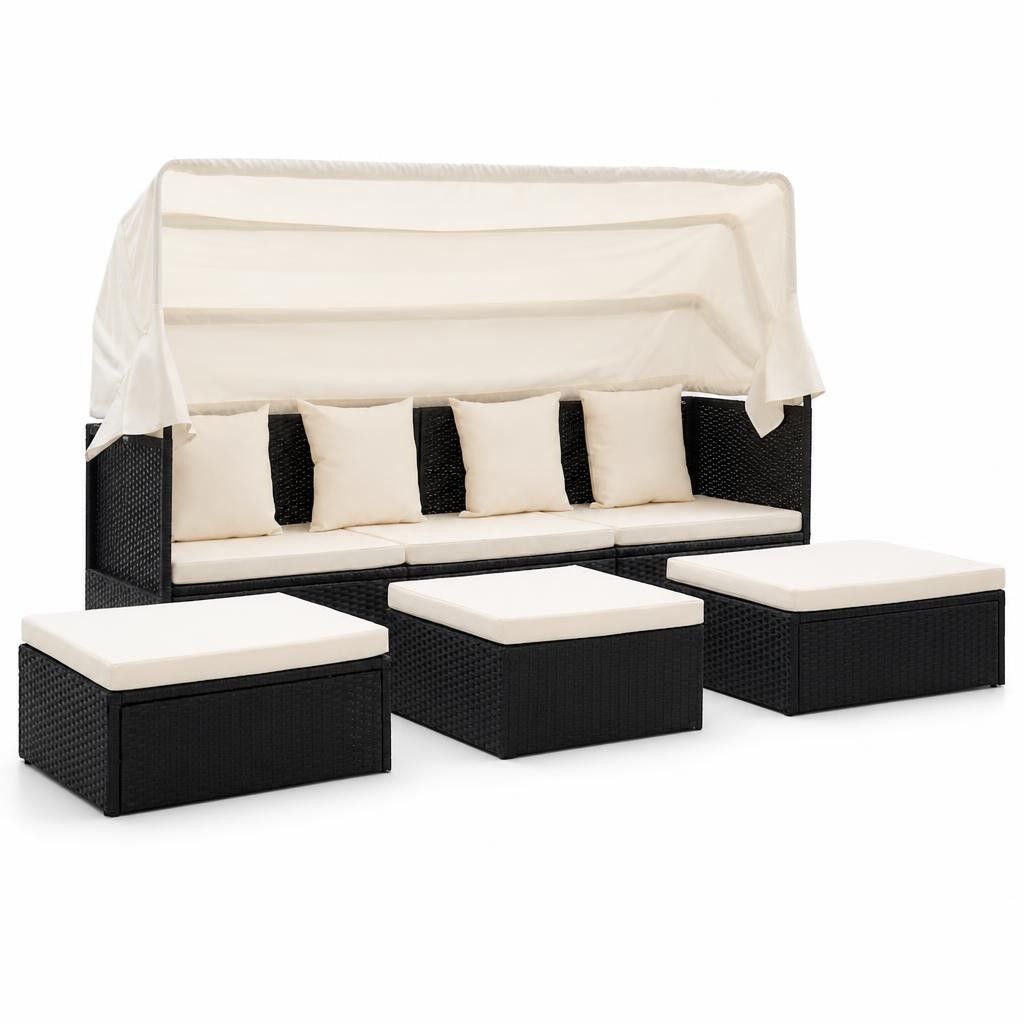 Lettino da Giardino con Tettuccio in Polyrattan Nero