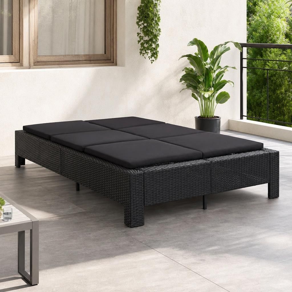 Lettino Prendisole a 2 Posti con Cuscino Nero in Polyrattan