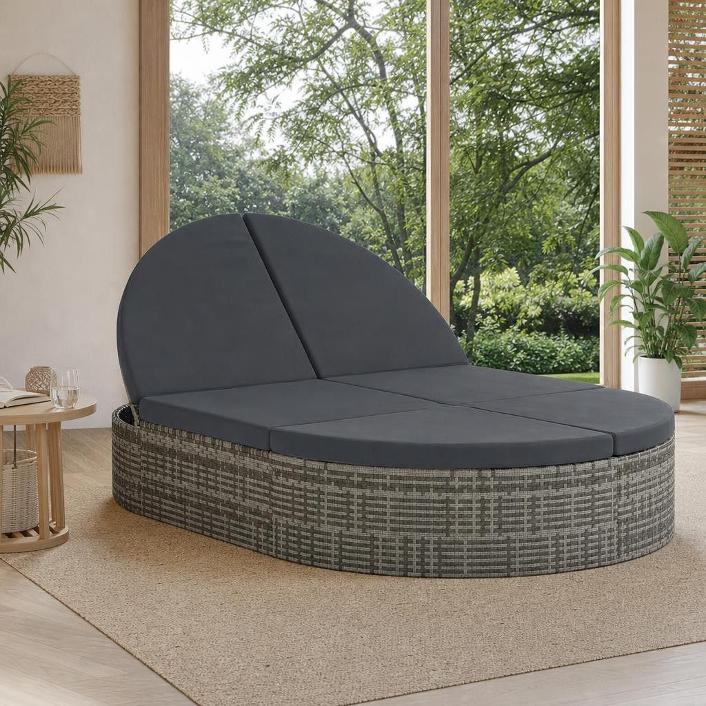Lettino Prendisole a 2 Posti con Cuscini in Polyrattan Grigio