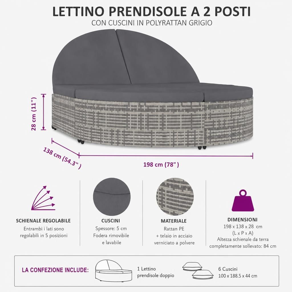 Lettino Prendisole a 2 Posti con Cuscini in Polyrattan Grigio