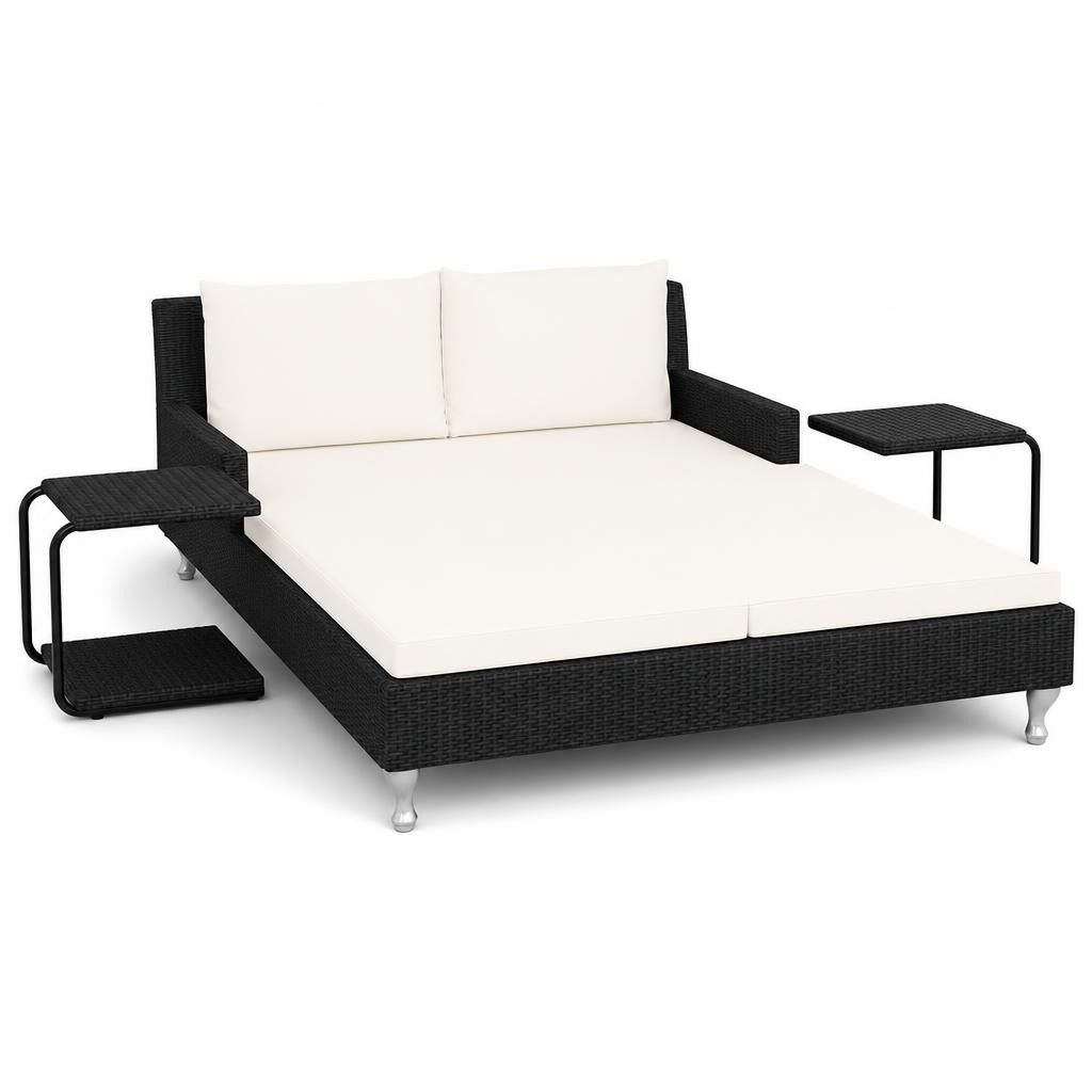 Lettino Prendisole per 2 Persone con Cuscini in Polyrattan Nero